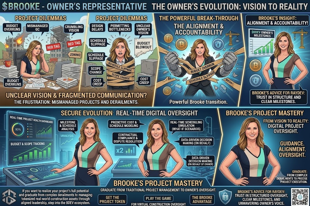 Brooke the Owner's Representative comic timeline: project dilemmas to digital project mastery