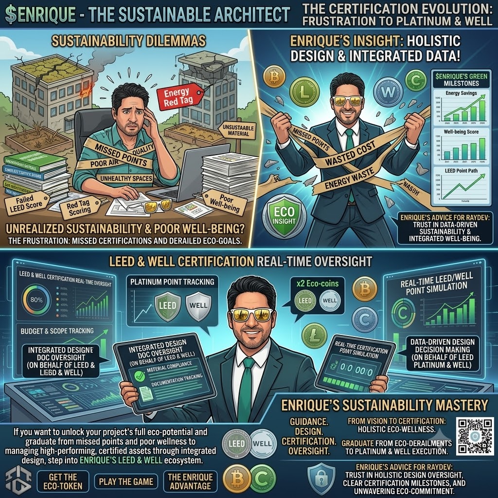 Enrique the Sustainable Architect comic timeline: sustainability dilemmas to LEED Platinum and WELL certification mastery