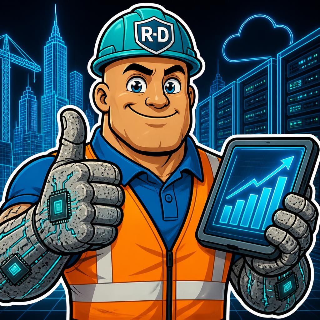 Cartoon meme-style illustration of Ray, the bald hard-hat developer mascot with concrete circuit hands